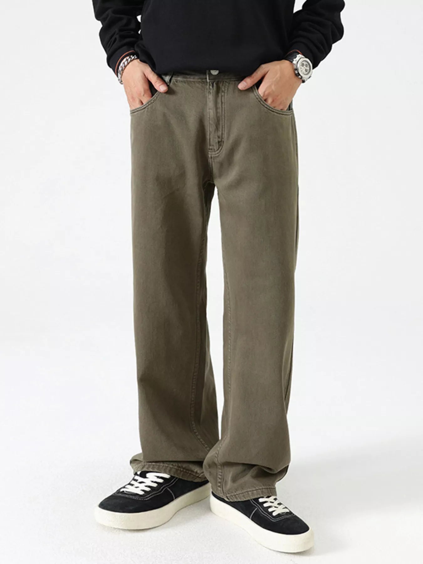 Vintage Wash Wide Leg Jeans in Khaki in Black for Men
