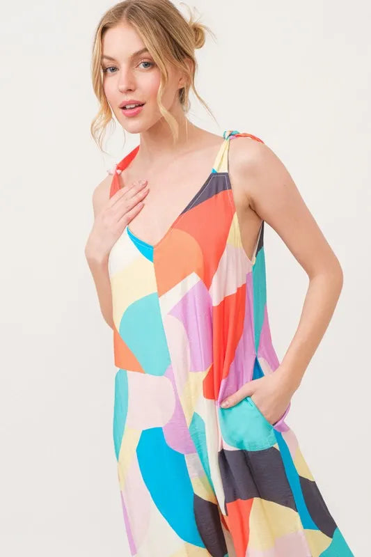 Tied Shoulder Straps Wide-Leg Geo Print Jumpsuit for Women