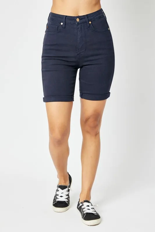 Plus Size High Waist Tummy Control Bermuda Shorts in Dark Blue for Women
