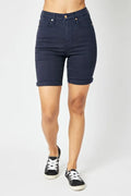 Plus Size High Waist Tummy Control Bermuda Shorts in Dark Blue for Women