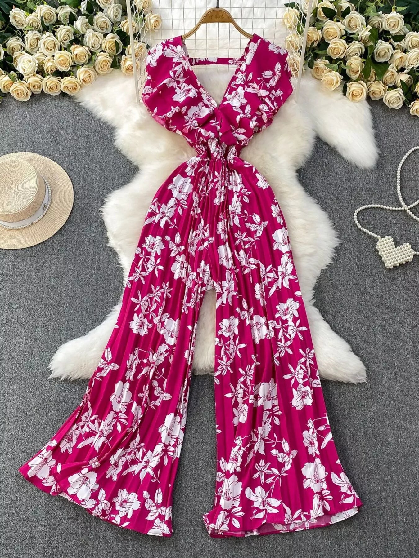 Black Floral Print Wide Leg Pleated Jumpsuit for Women