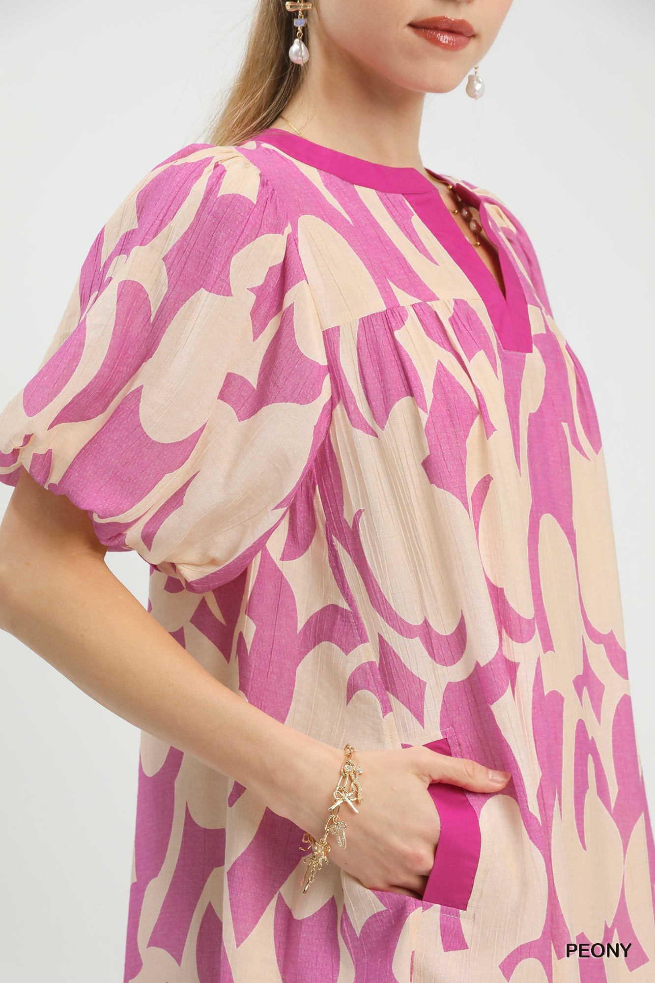 Abstract Print Puff Sleeve Shift Dress in Peony for Women