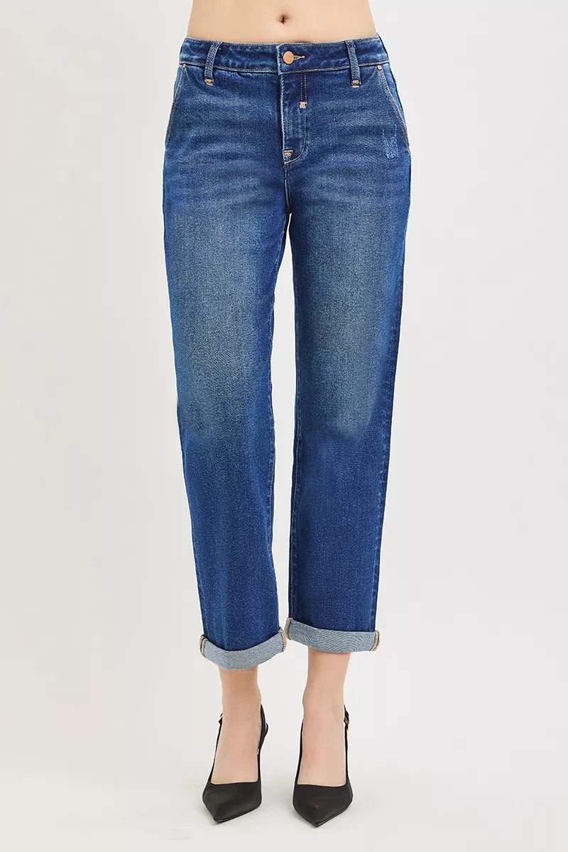 Slouchy Cropped Boyfriend Jeans with Cuffed Hem in Dark for Women