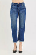 Slouchy Cropped Boyfriend Jeans with Cuffed Hem in Dark for Women