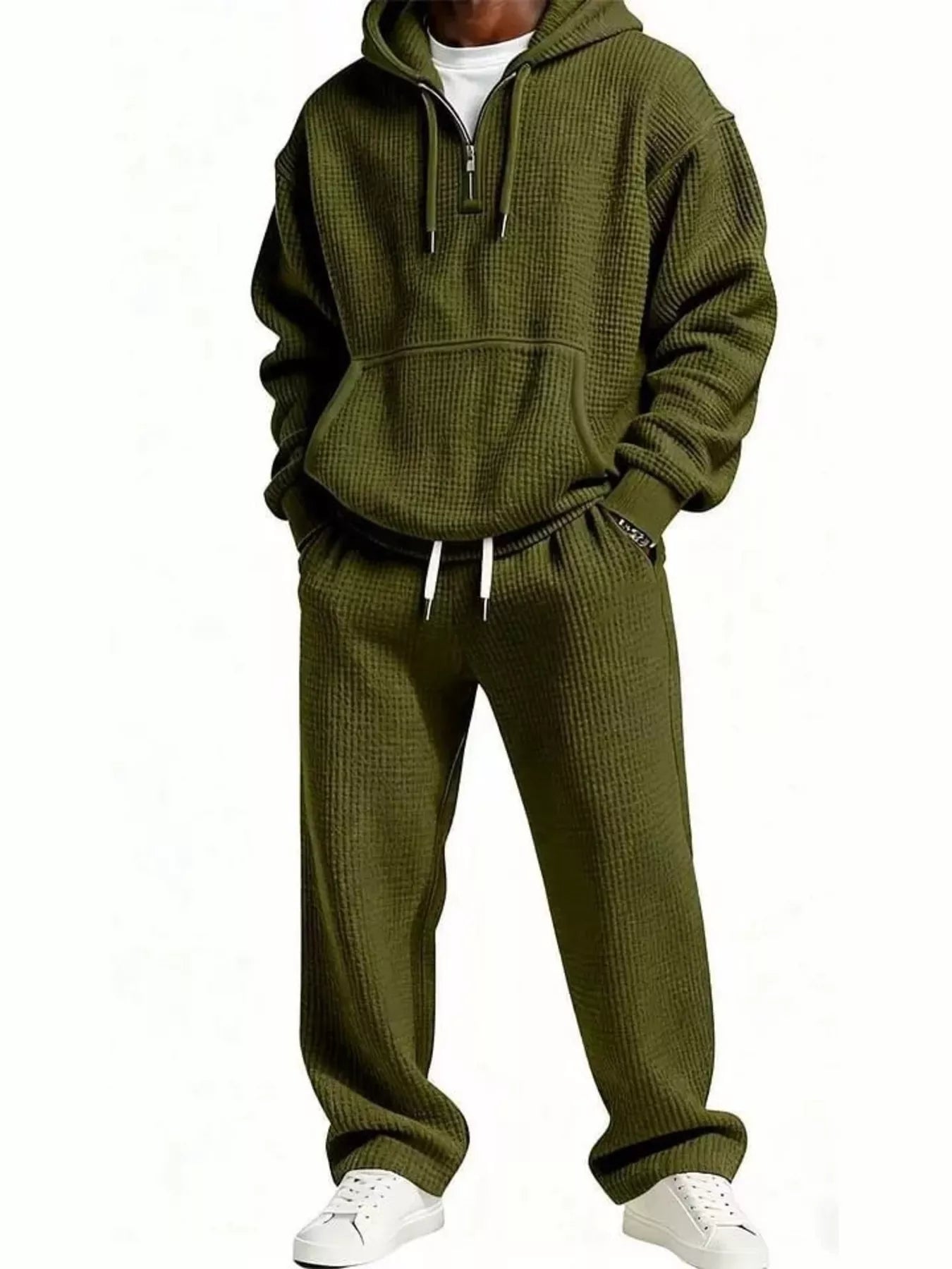 Casual Waffle Knit Hoodie and Pants Set Plus Size in Rust for Men