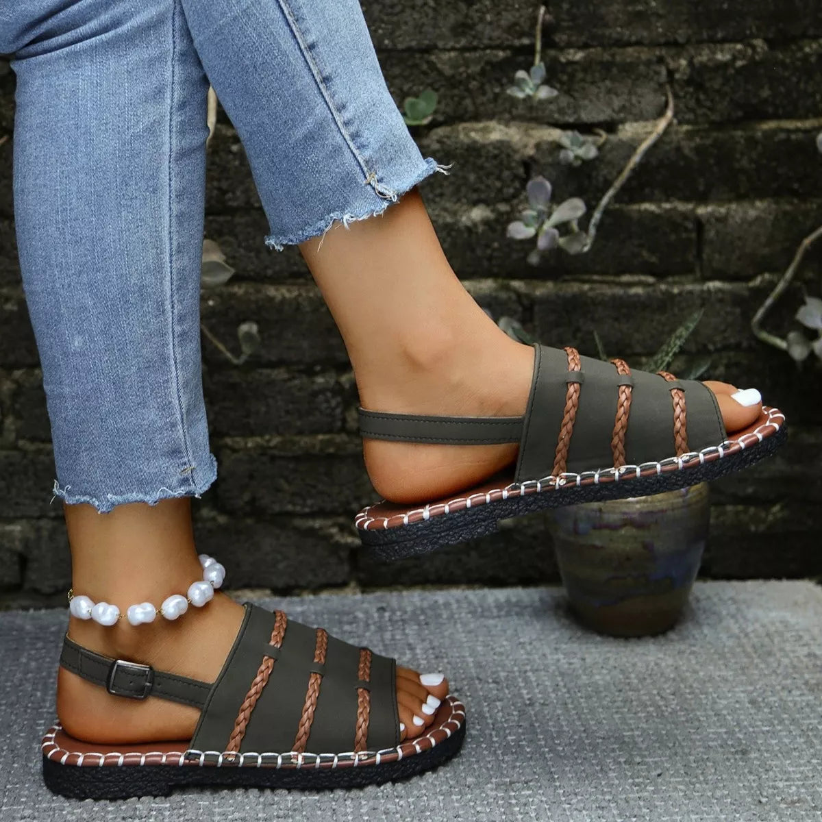 Open Toe Buckle Sandals in White for Women