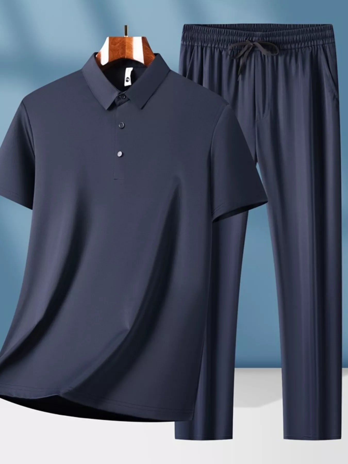 Plus Size Button Detail Short Sleeve Top and Pants Set in Black for Men