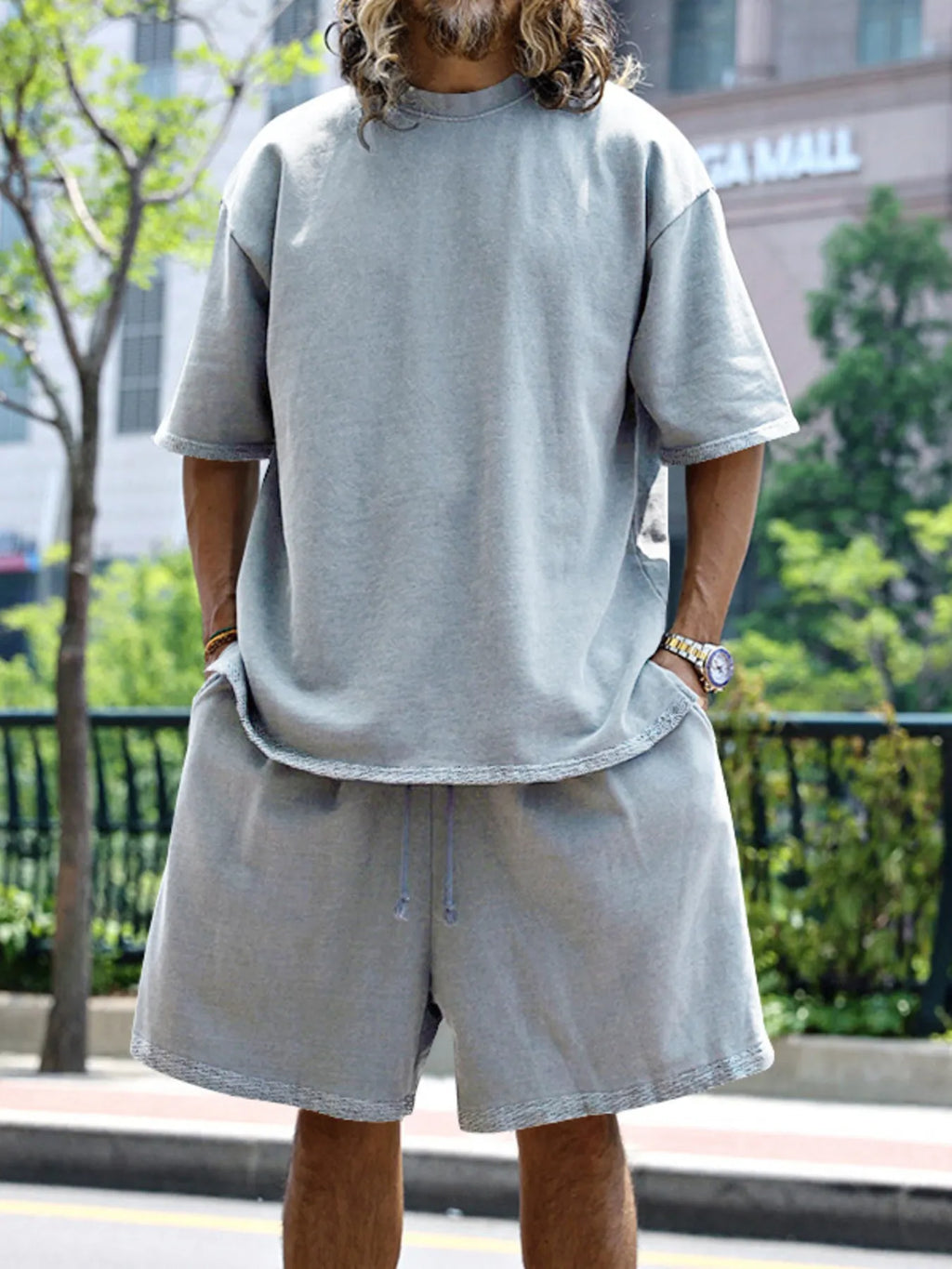 Round Neck Short Sleeve Top and Shorts Set Plus Size in Sky Blue in Light Gray for Men