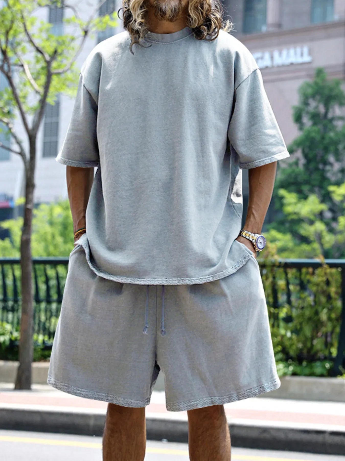 Round Neck Short Sleeve Top and Shorts Set Plus Size in Sky Blue in Light Gray for Men