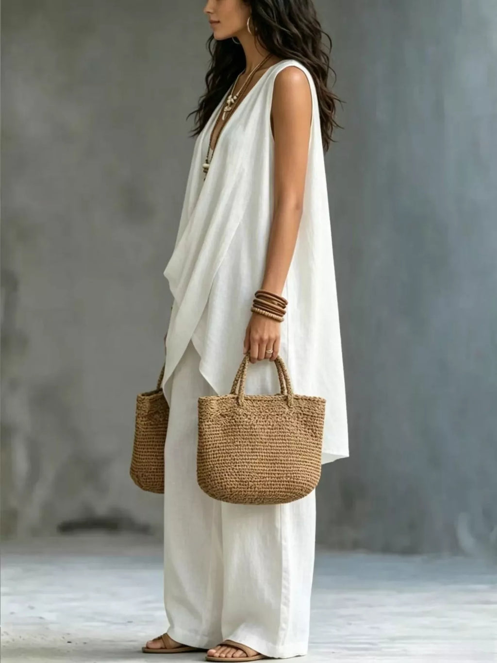 Sleeveless Asymmetrical Top and Wide Leg Pants Set in White for Women