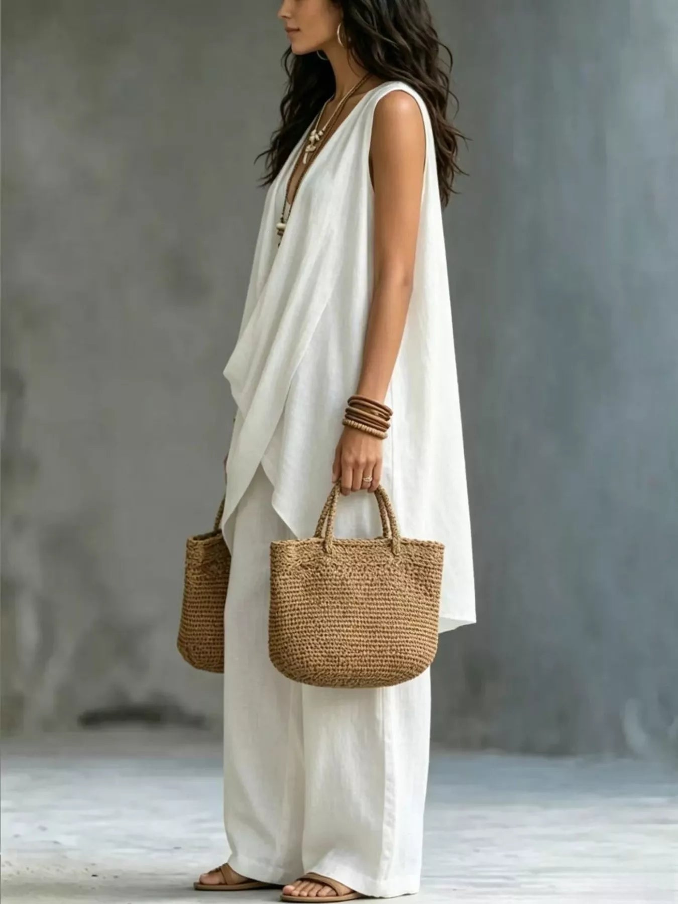 Sleeveless Asymmetrical Top and Wide Leg Pants Set in White for Women