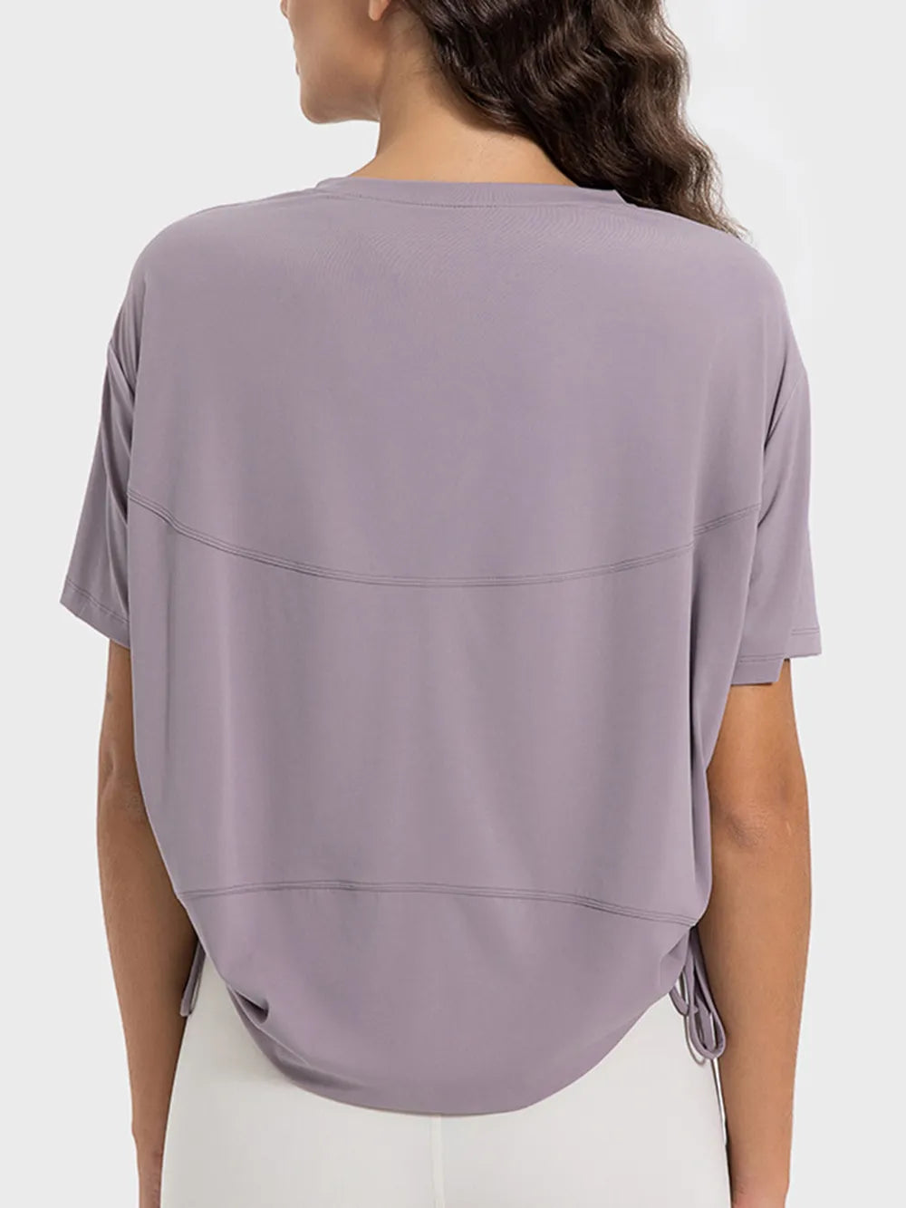 Drawstring Round Neck Short Sleeve Active T-Shirt in Black for Women