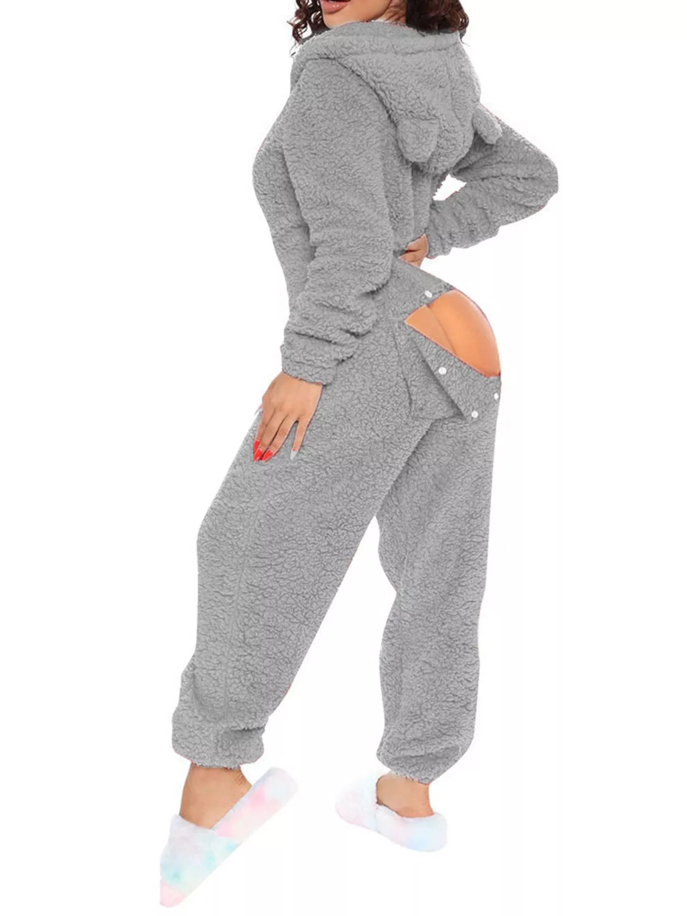 Fleece Hooded Open Back Jumpsuit in Black for Women