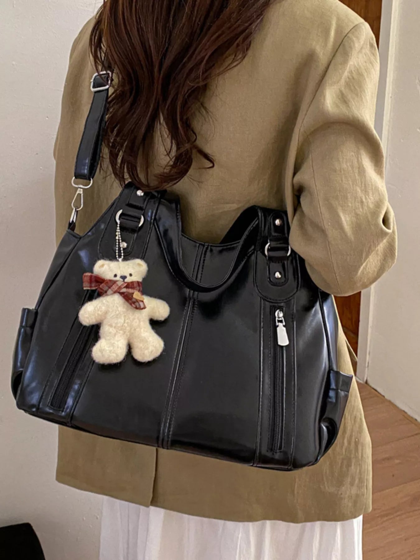 Leather Shoulder Bag with Bear Charm for Women