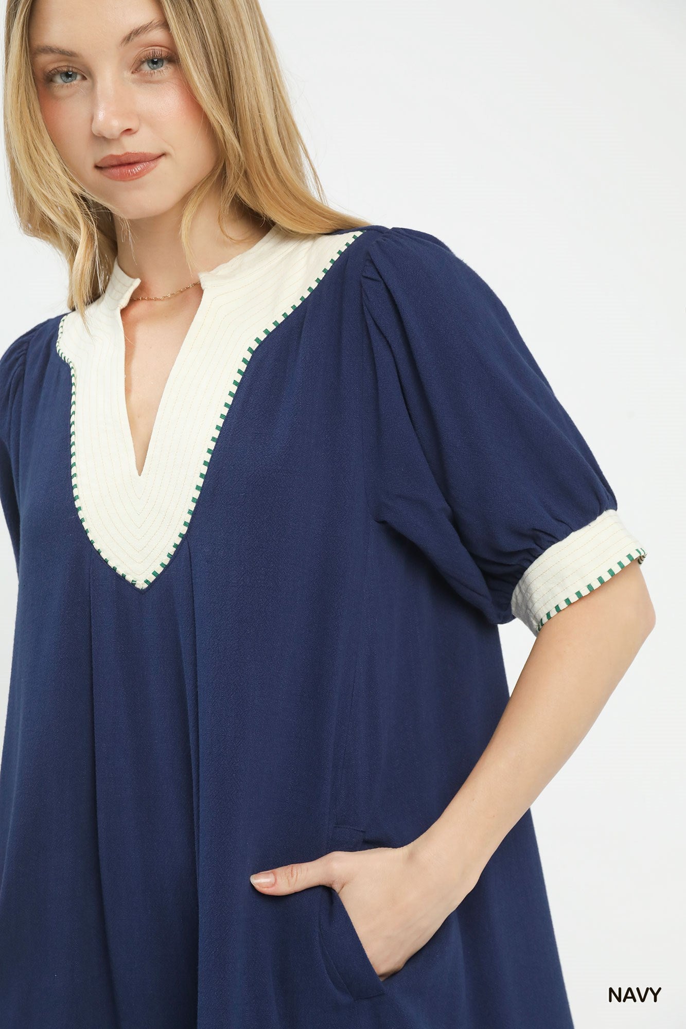 Linen Contrast Trim Midi Dress for Women