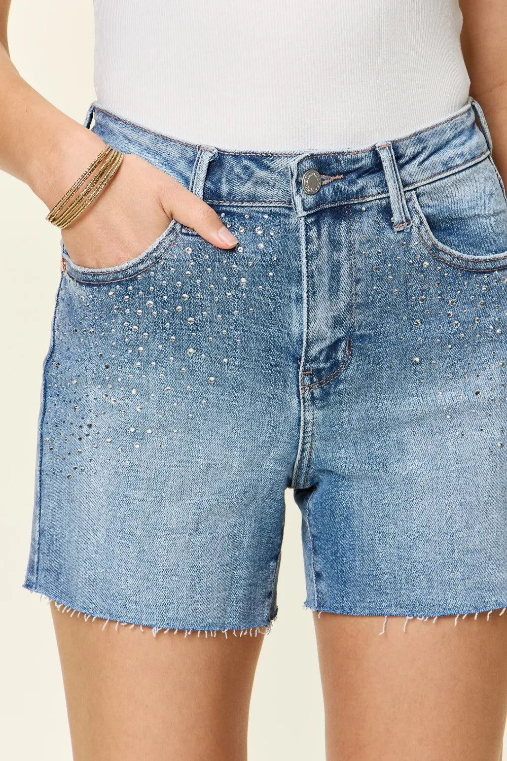 Plus Size High Waist Rhinestone Decor Denim Shorts in Light for Women