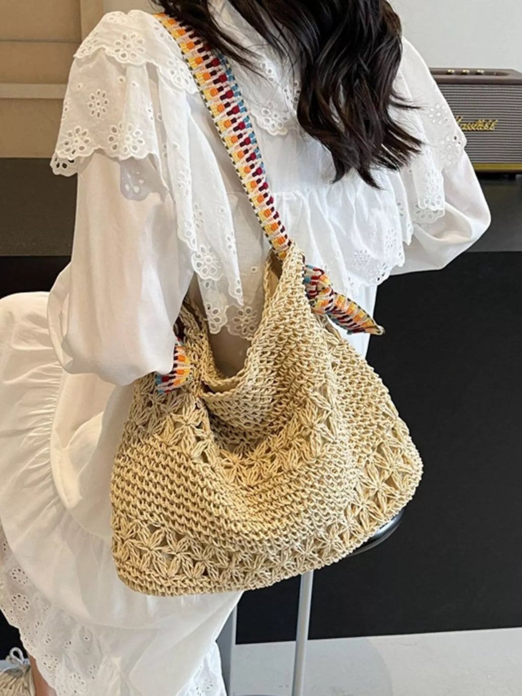 Woven Straw Shoulder Bag in Beige for Women