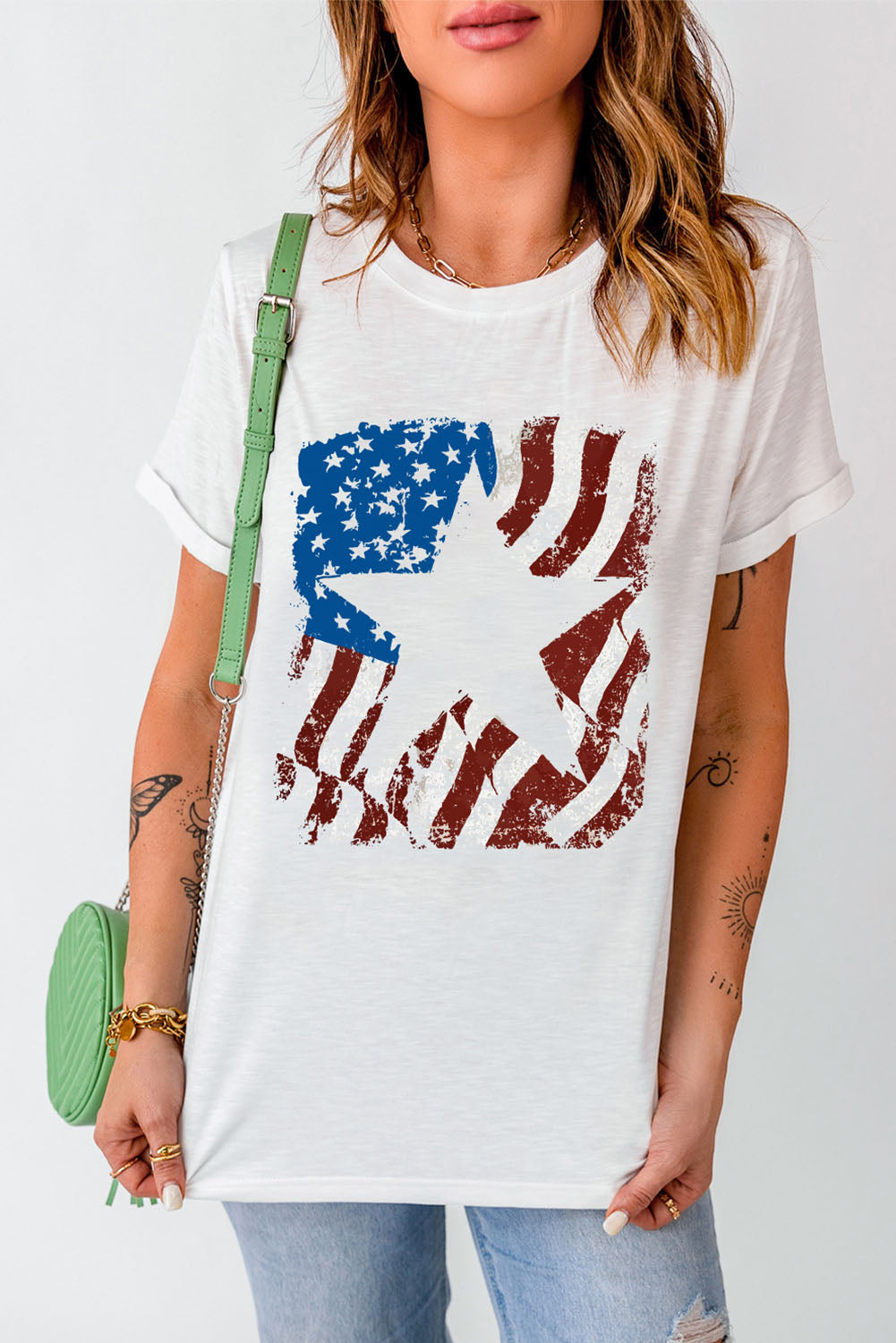 Us Flag Graphic Round Neck Tee for Women