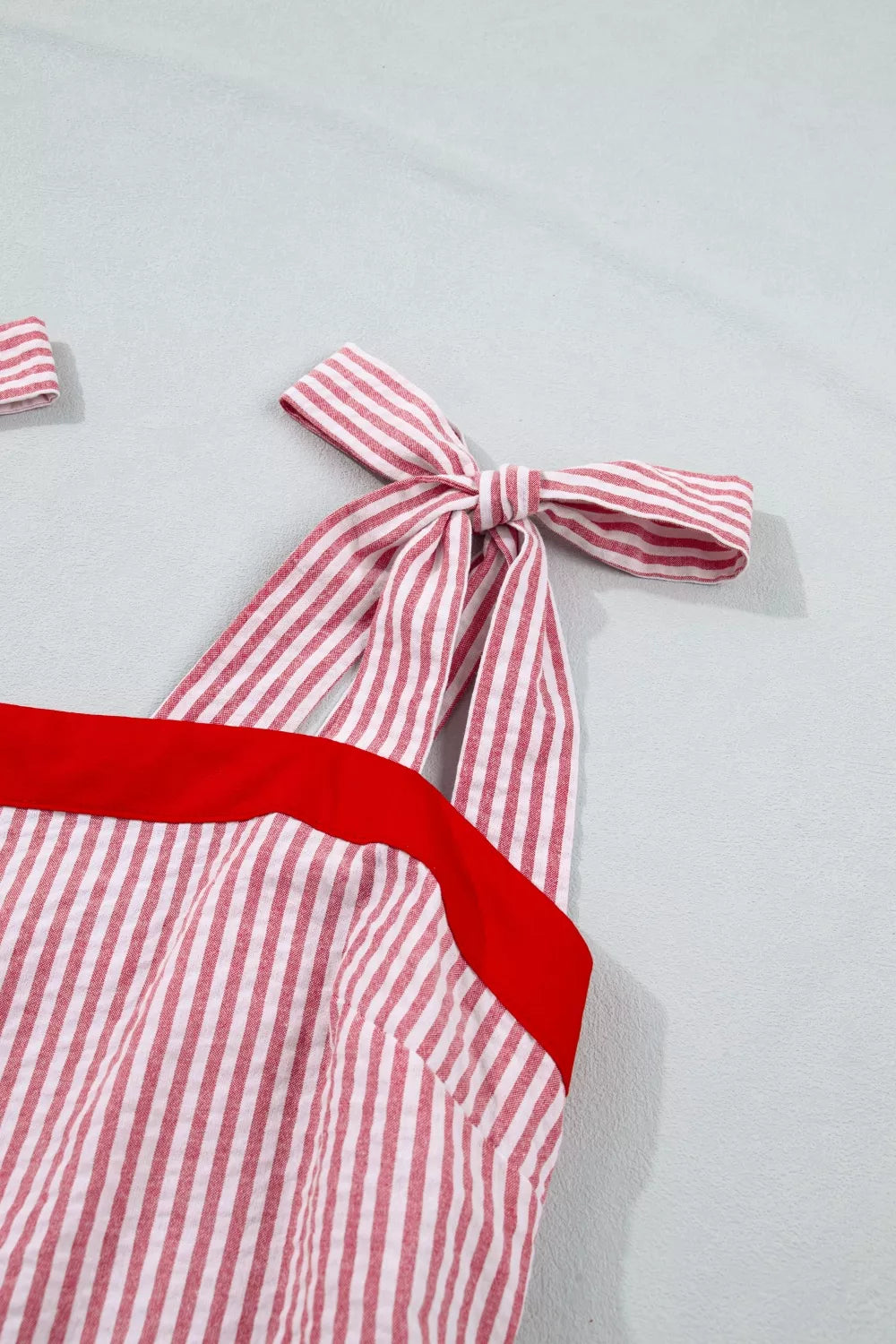 Stripe Bow Knot Straps Contrast Trim High Waist Ruffle Hem Maxi Dress for Women