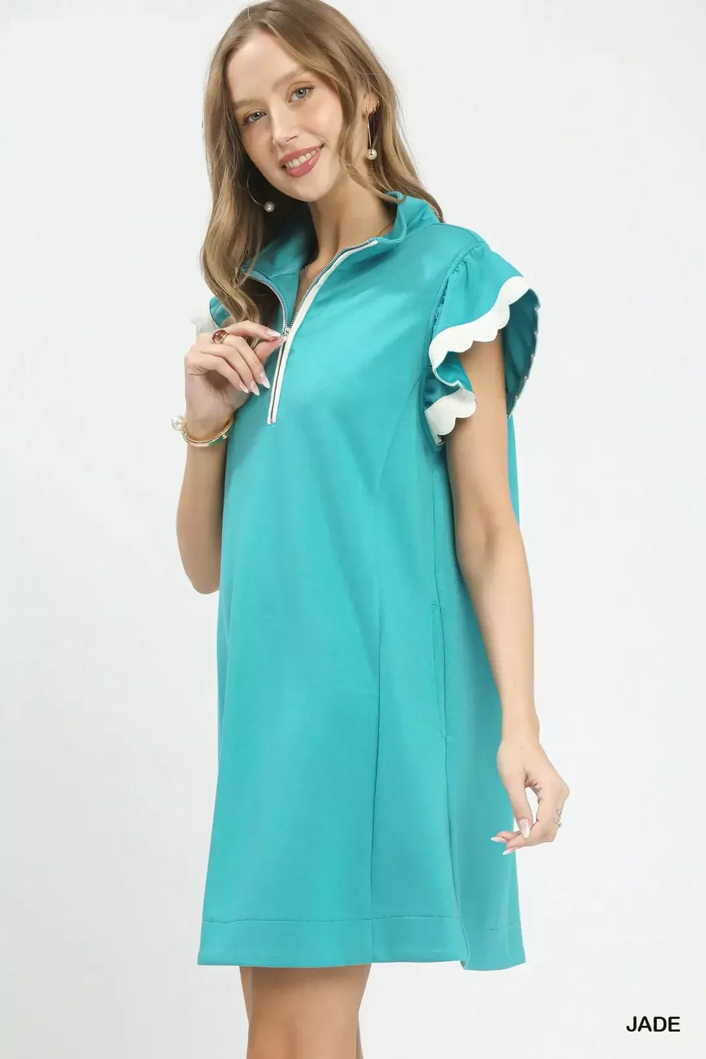 Zip-Neck Flutter Sleeve Dress in Jade for Women