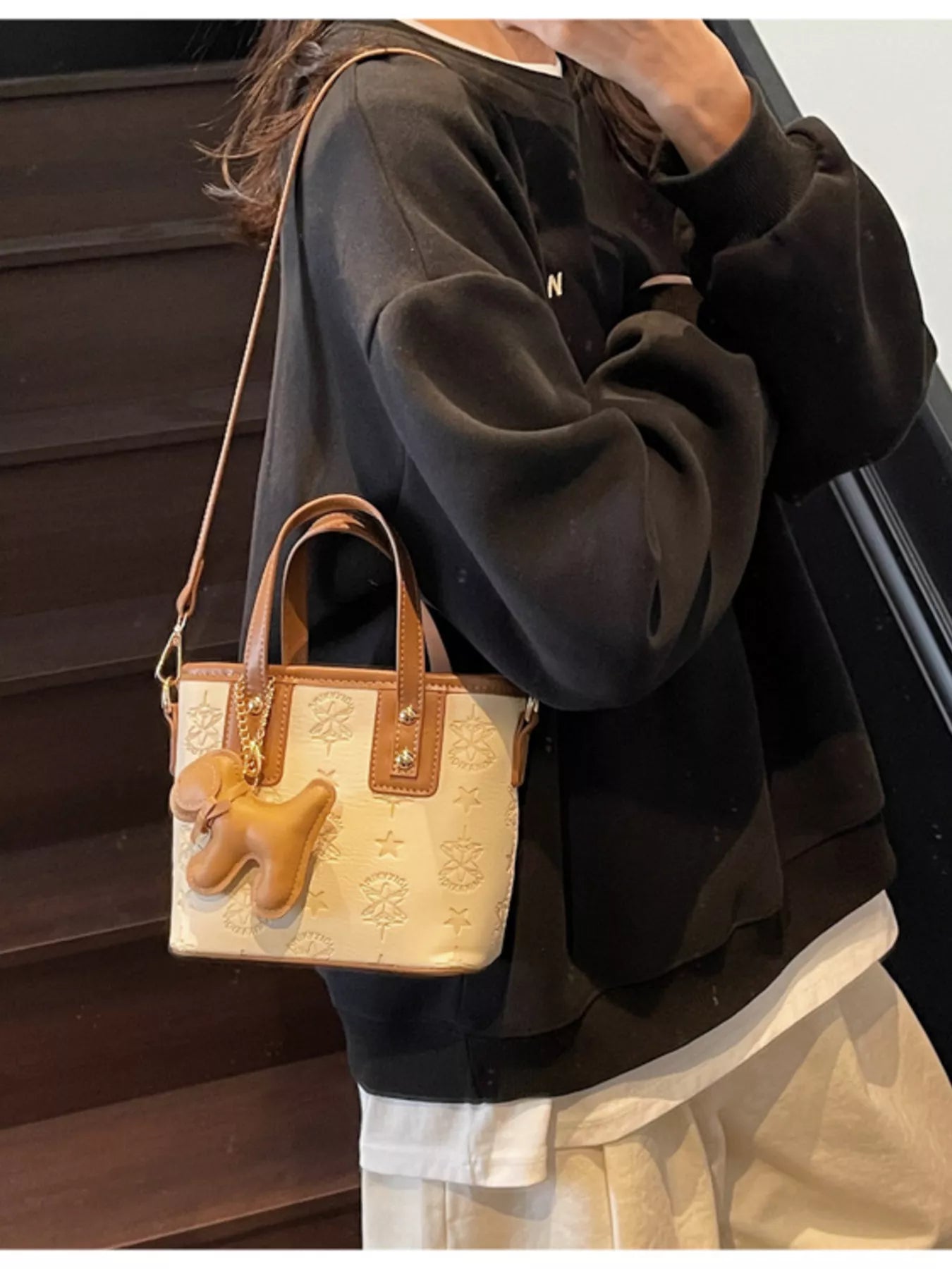 Embossed Pattern Dog Charm Crossbody Bag for Women