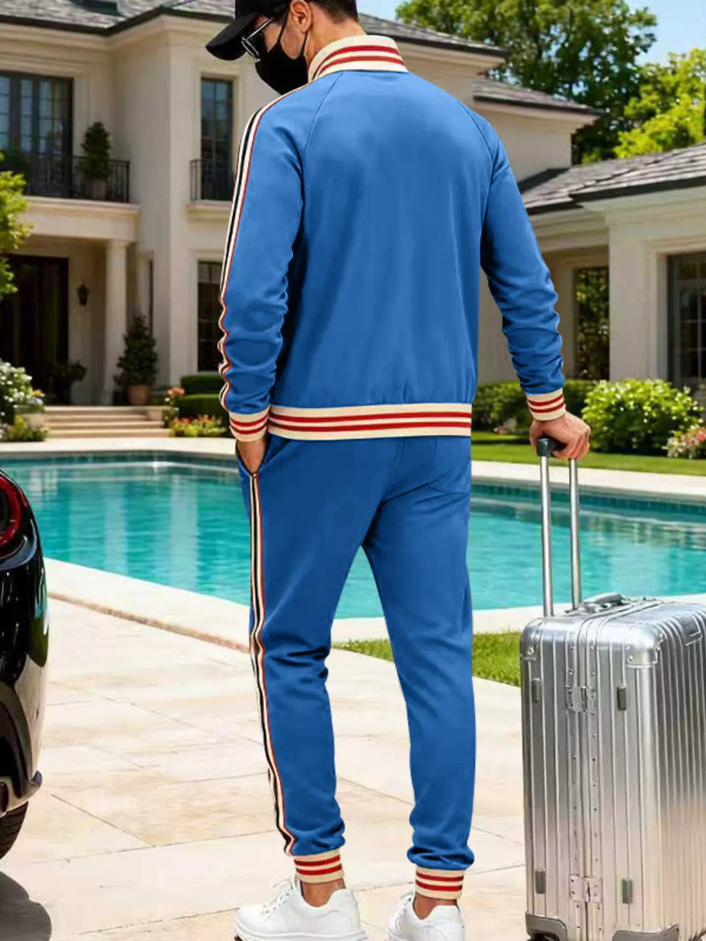 Striped Zip Up Outerwear and Pants Plus Size in Navy Blue for Men