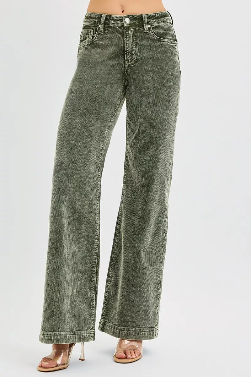 High Rise Wide Leg Corduroy Jeans Plus Size in Forest for Women
