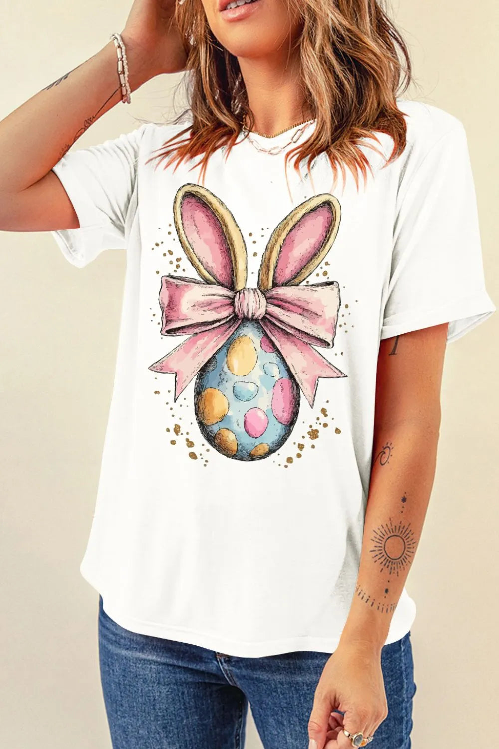 Easter Egg Bow Bunny Ear Graphic T-Shirt in White for Women