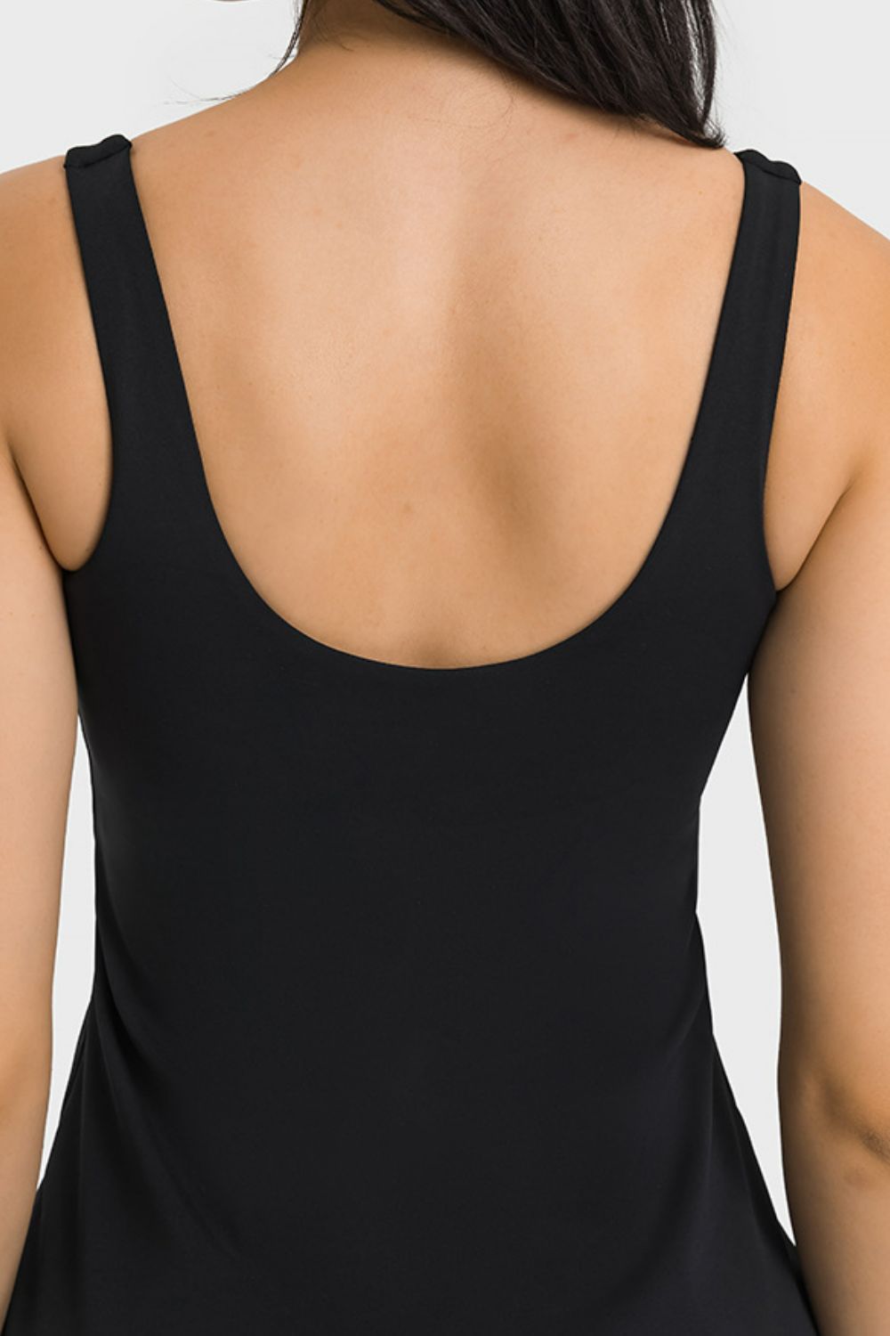 Square Neck Sports Tank Dress with Full Coverage Bottoms in Black for Women