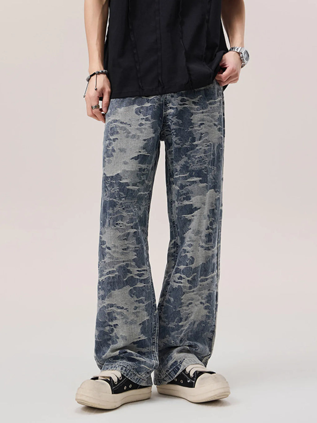 Wash Wide Leg Jeans in Blue Jacquard for Men
