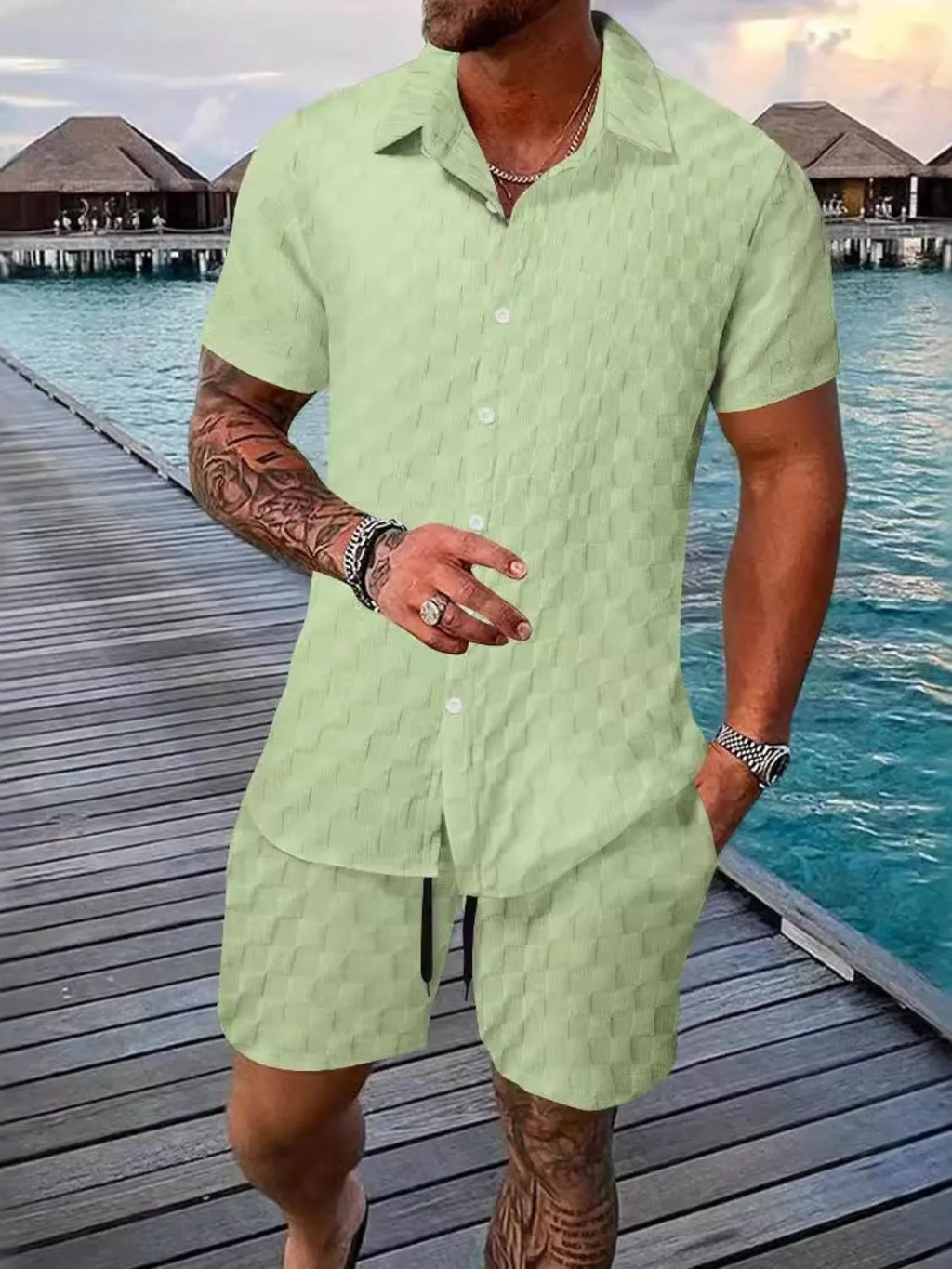 Collared Neck Short Sleeve Top and Shorts Set Plus Size in Light Blue for Men