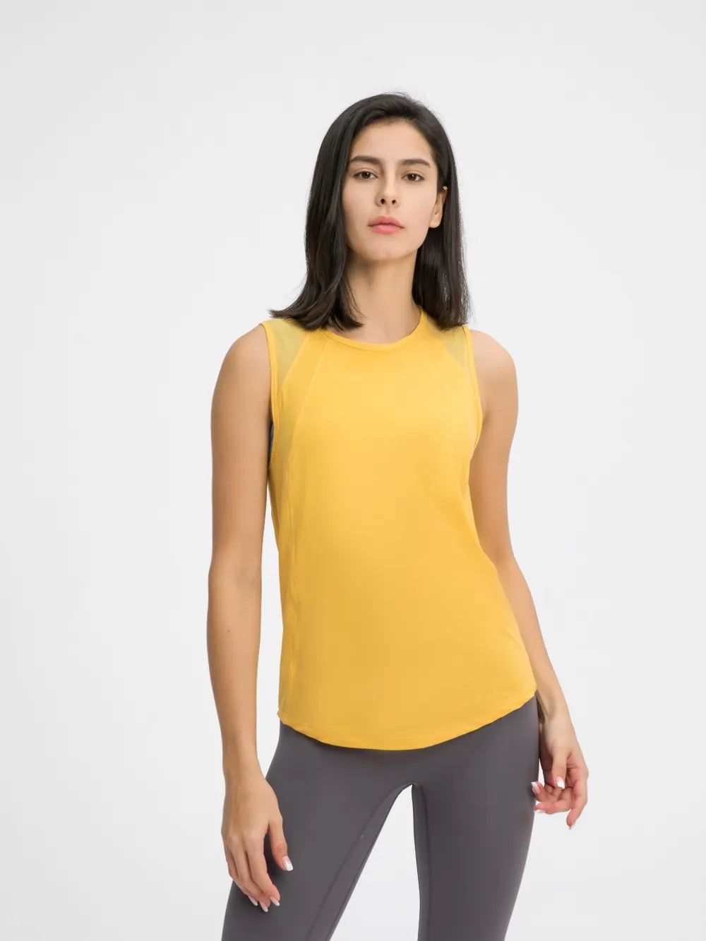 Cutout Back Round Neck Active Tank in Camel for Women