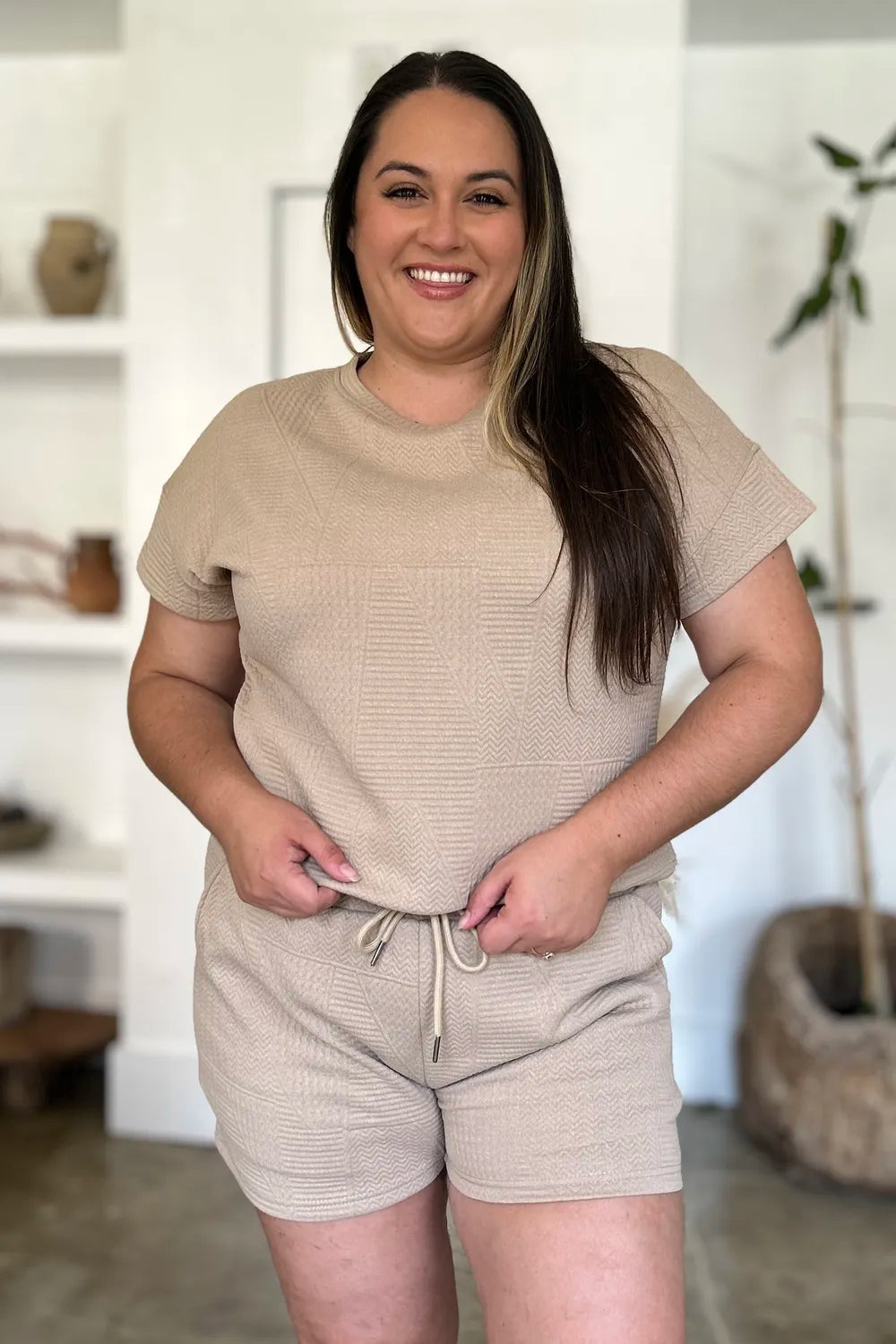 Plus Size Texture Short Sleeve Top and Shorts Set in Khaki for Women