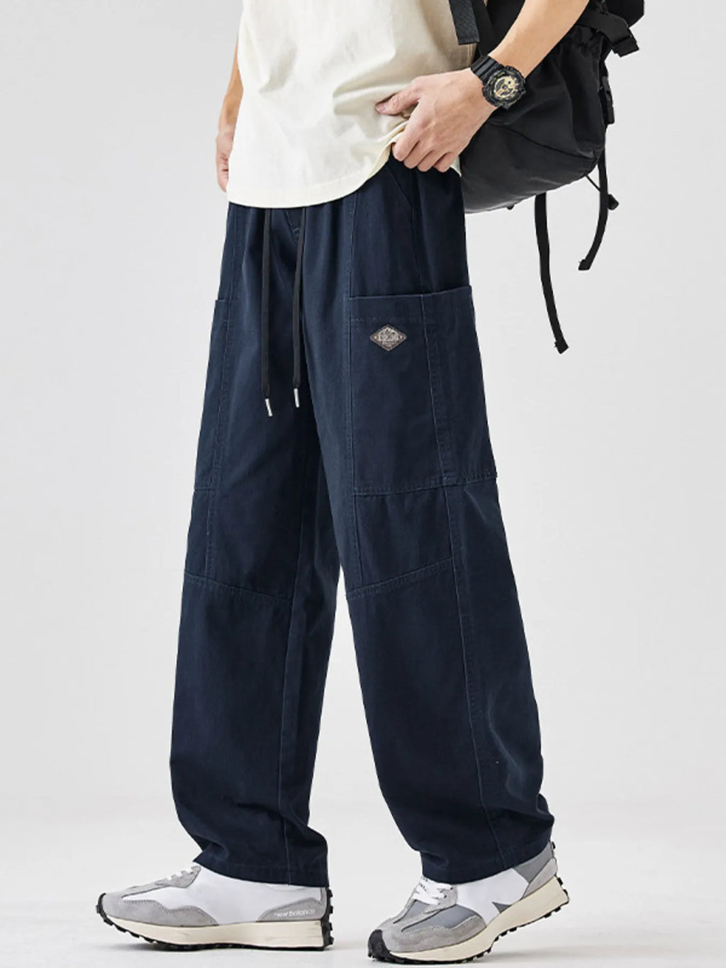 Plus Size Casual Wide-Leg Drawstring Pants in Black for Men