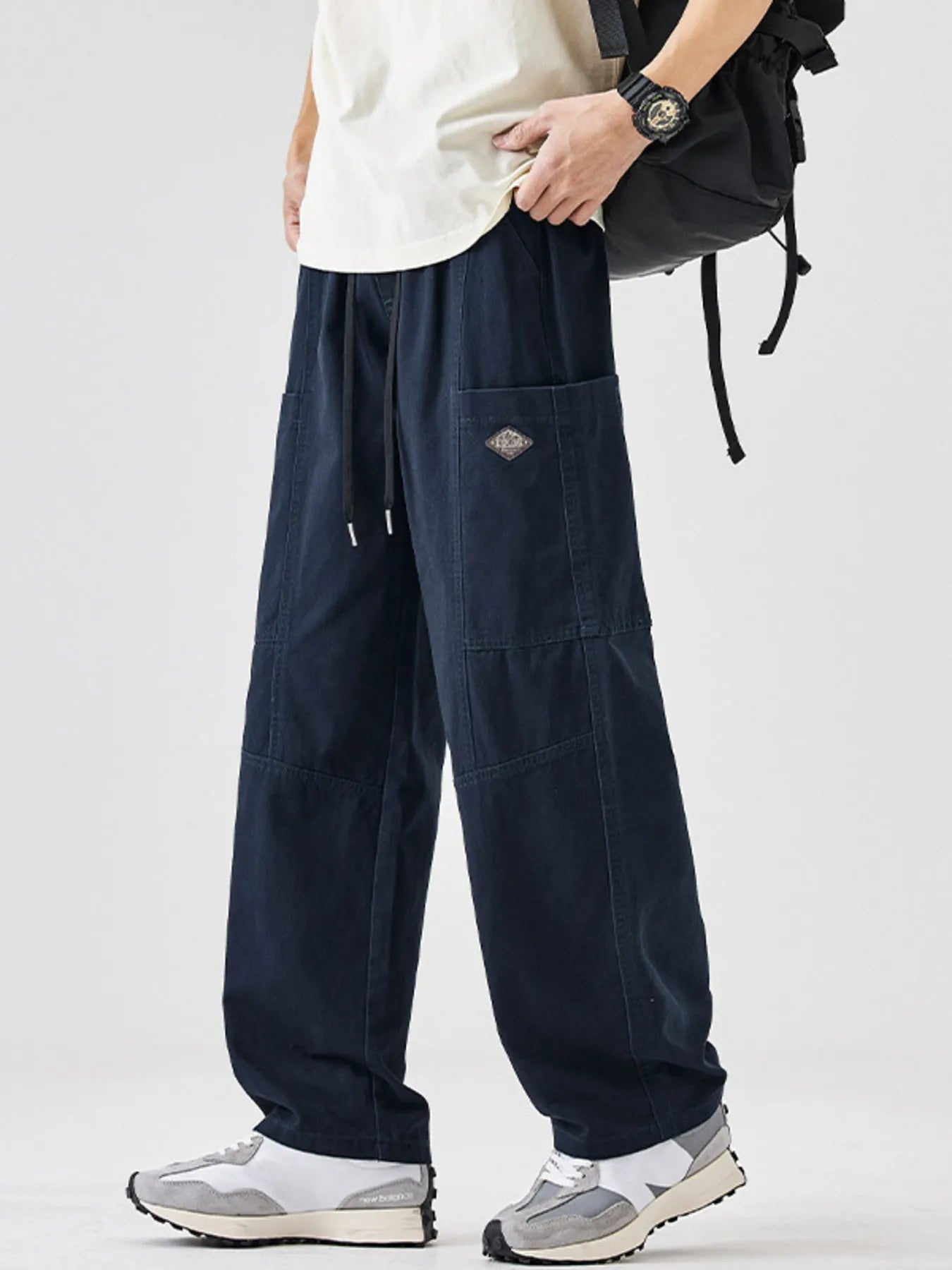 Plus Size Casual Wide-Leg Drawstring Pants in Black for Men