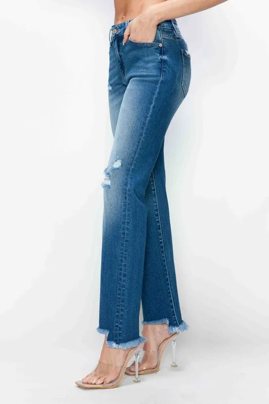 Plus Size Raw Hem Distressed Mid Rise Straight Jeans in Medium for Women