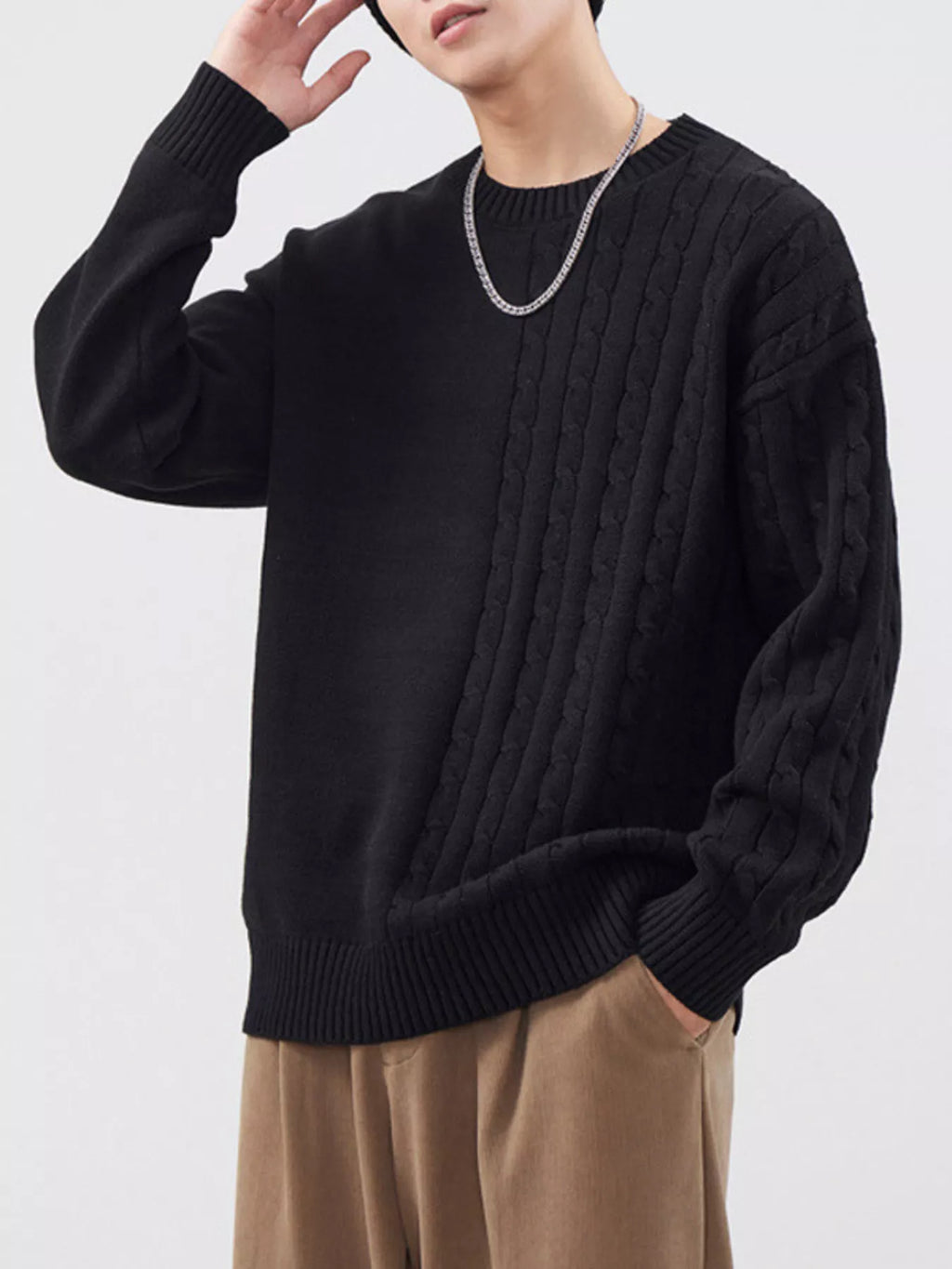 Cable Knit Long Sleeve Sweater Plus Size in Light Apricot for Men