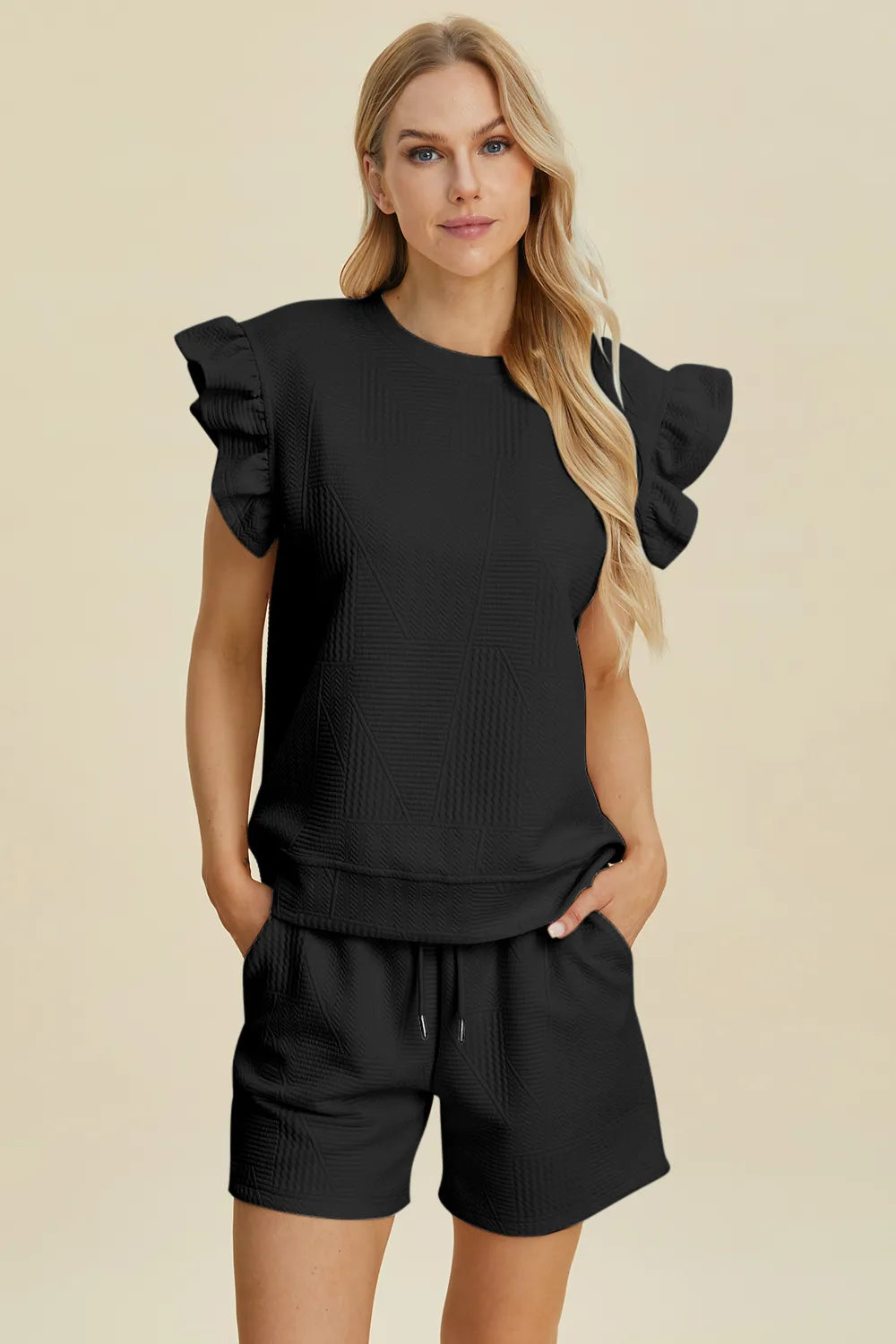 Plus Size Texture Round Neck Ruffle Sleeve Top and Shorts Set in Khaki for Women