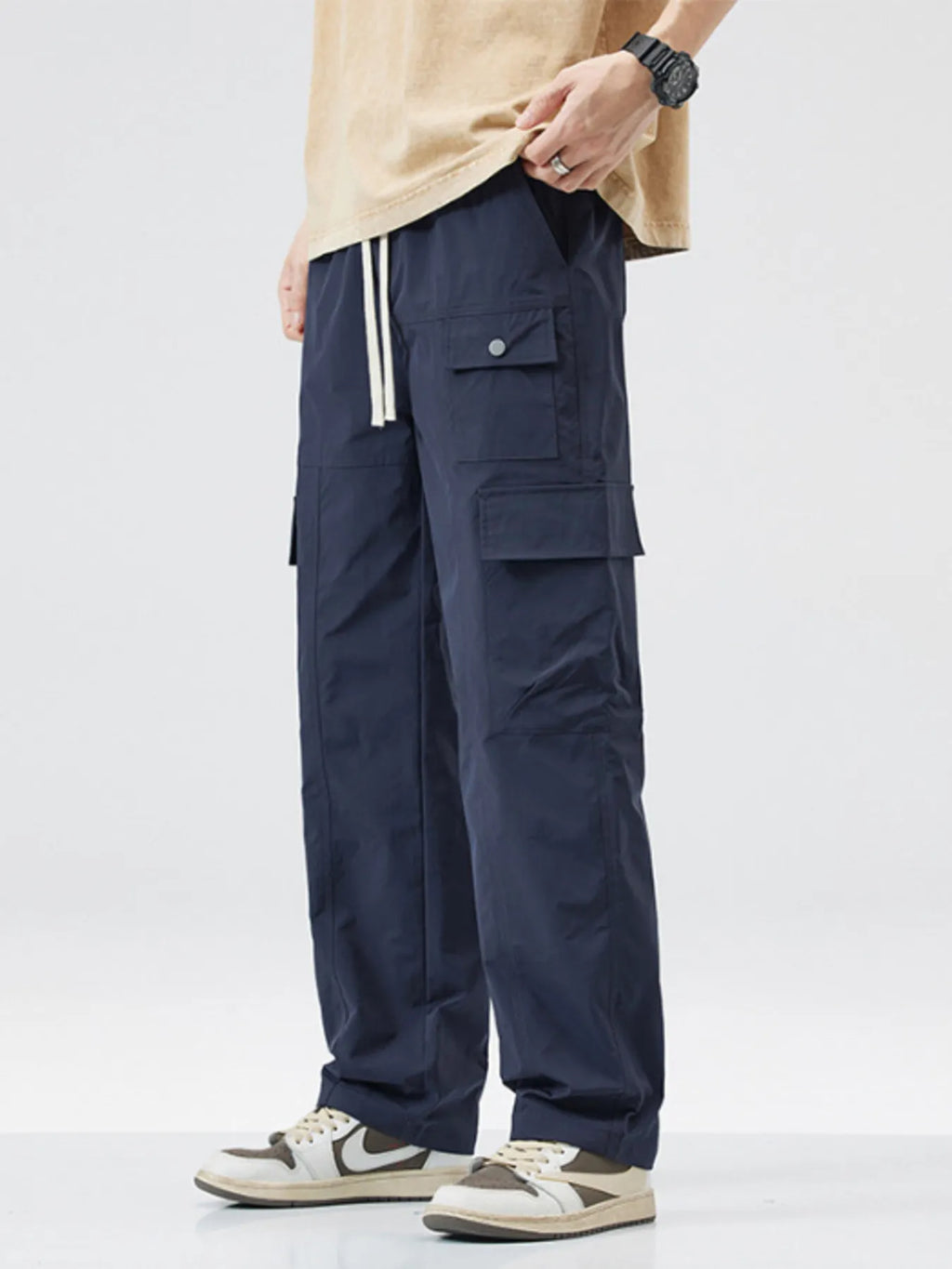Relaxed Fit Cargo Pants with Drawstring Plus Size in Black for Men
