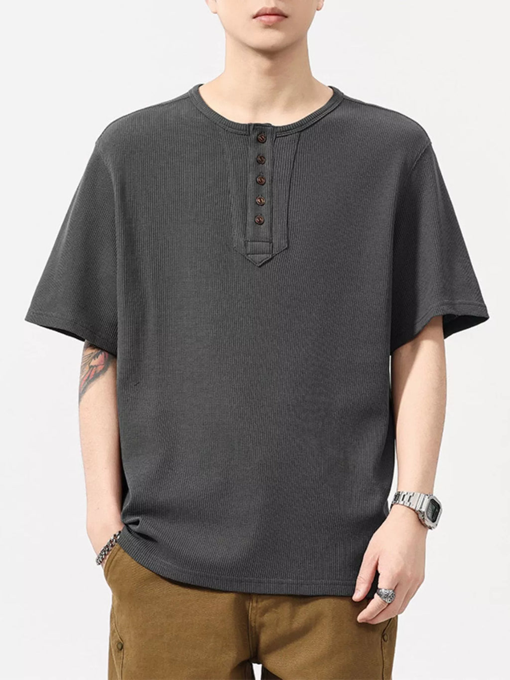 Plus Size Round Neck Short Sleeve T-Shirt in Light Gray in Dark Gray for Men