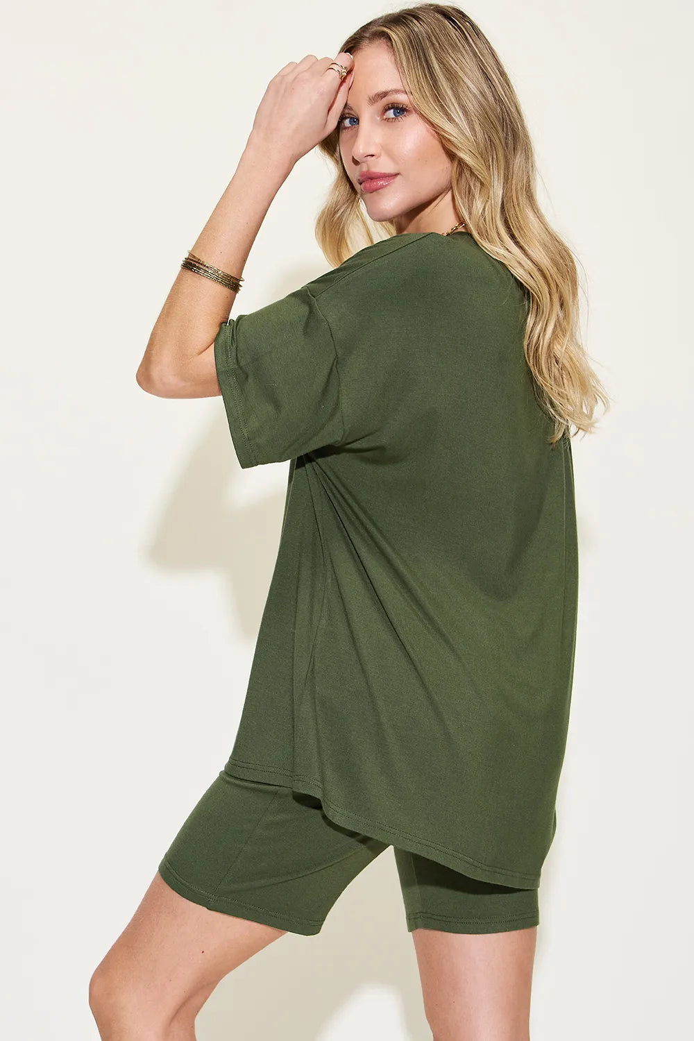 Plus Size V-Neck Drop Shoulder T-Shirt and Shorts Set in Matcha Green for Women