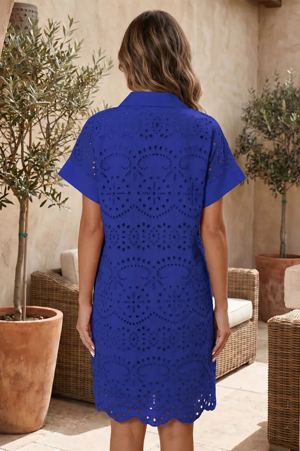 Solid Color Eyelet Embroidered T-Shirt Mini Dress in Royal Blue for Women