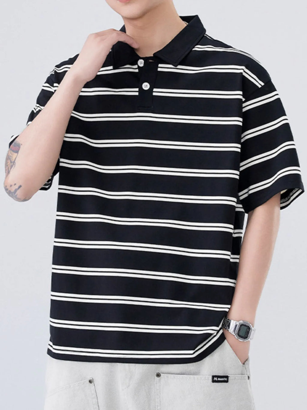 Plus Size Striped Half Sleeve Polo in Apricot for Men