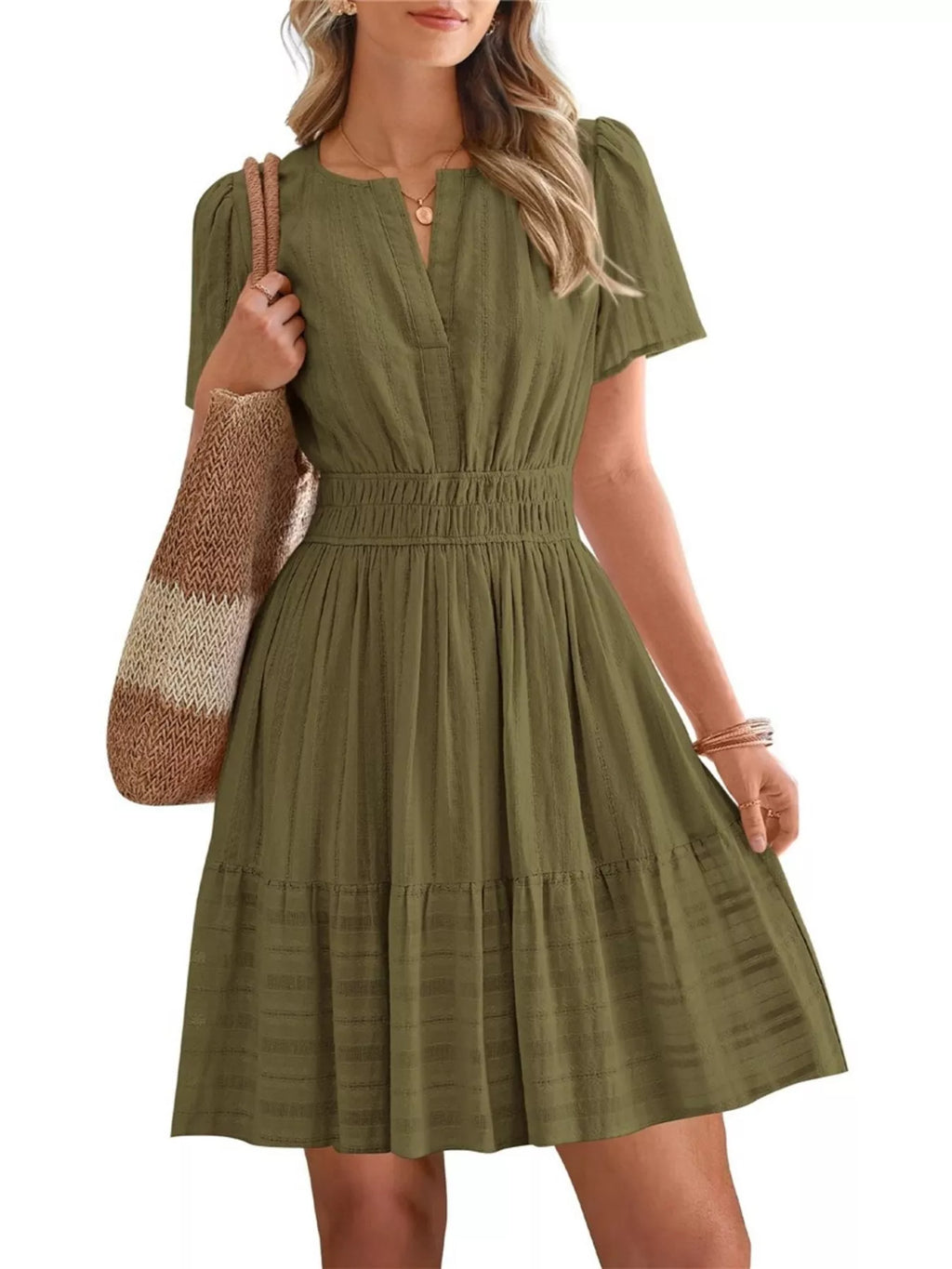 Short Sleeve Smocked Waist Tiered Dress in Red for Women