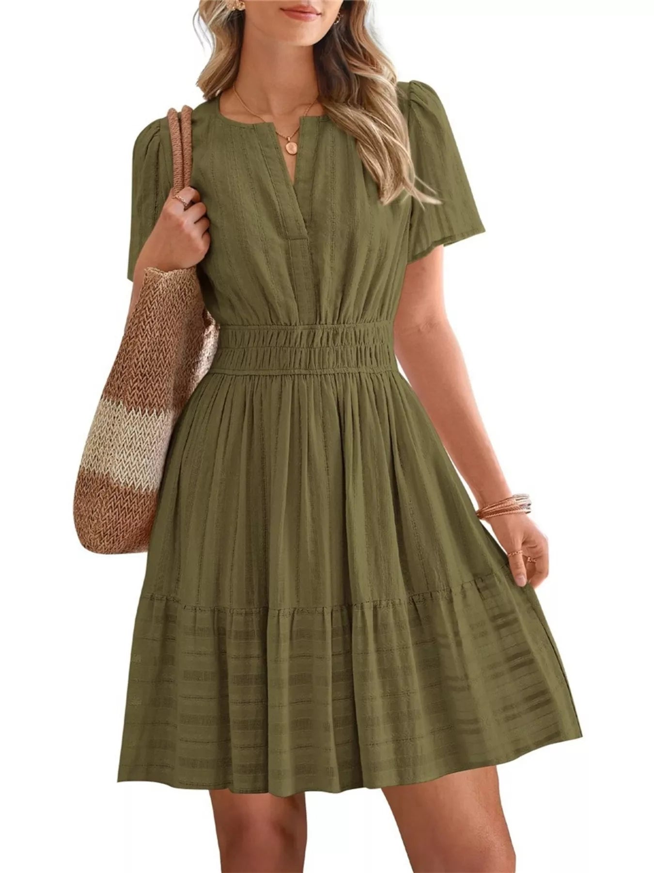 Short Sleeve Smocked Waist Tiered Dress in Red for Women