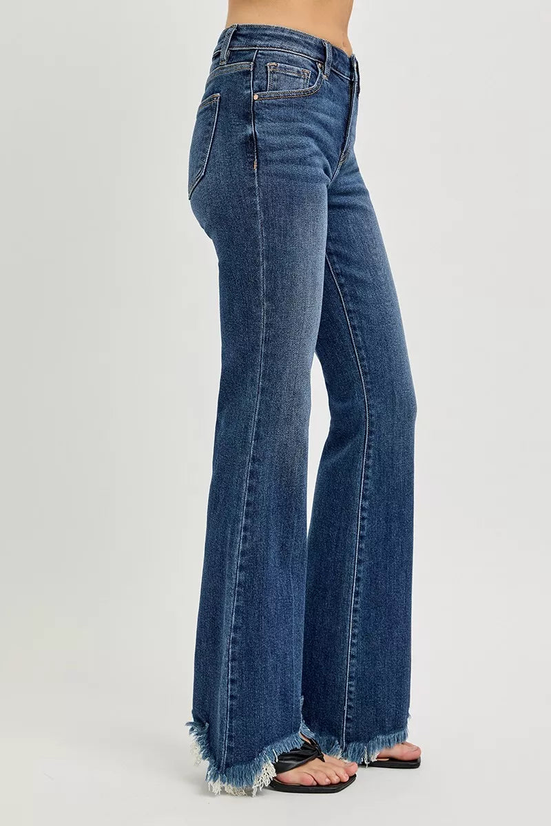 Mid Rise Flare Frayed Hem Jeans Plus Size in Dark for Women