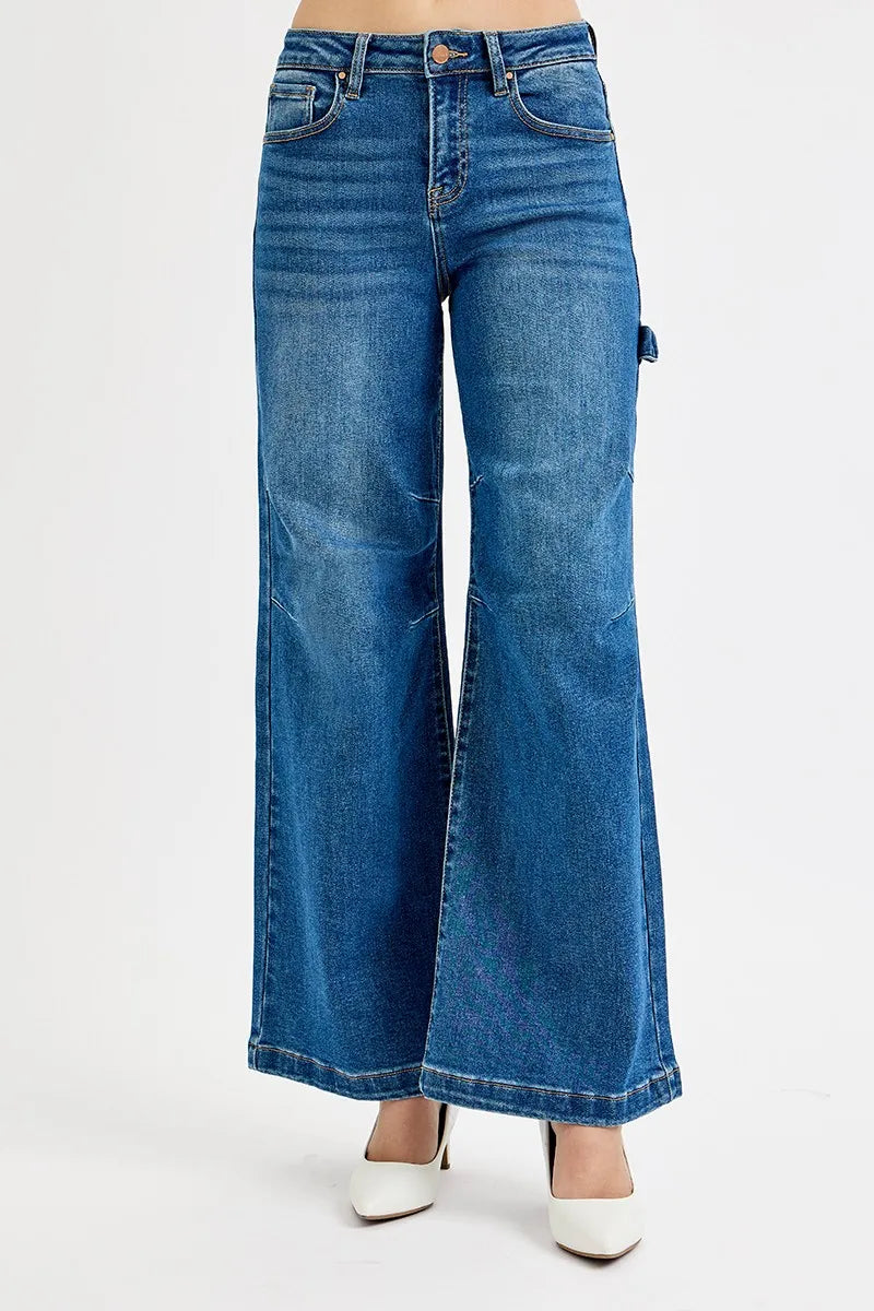 High Rise Wide Leg Patch Detailed Jeans Plus Size in Dark for Women