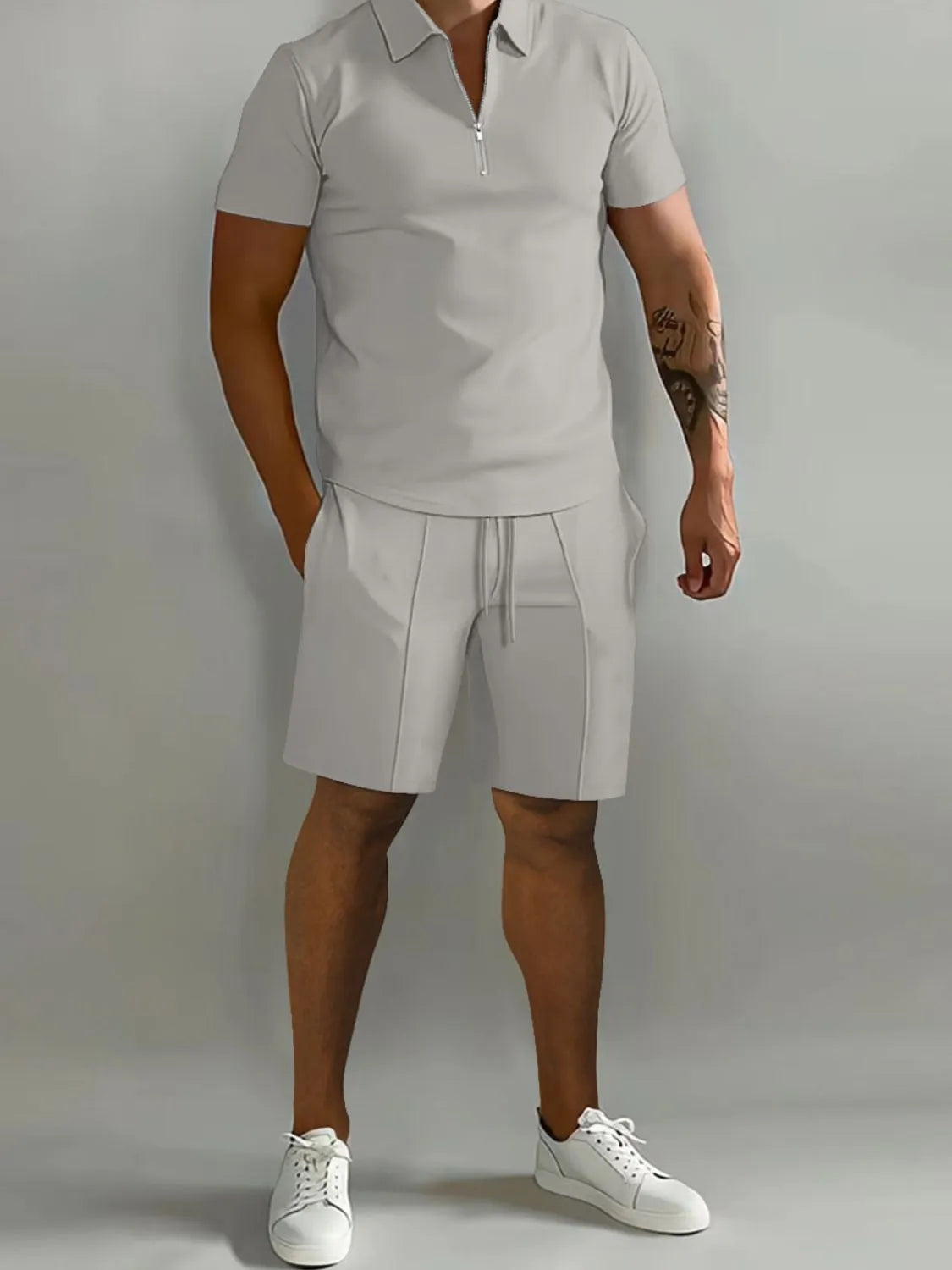 Collared Neck Short Sleeve Top and Shorts Set Plus Size in Gray for Men