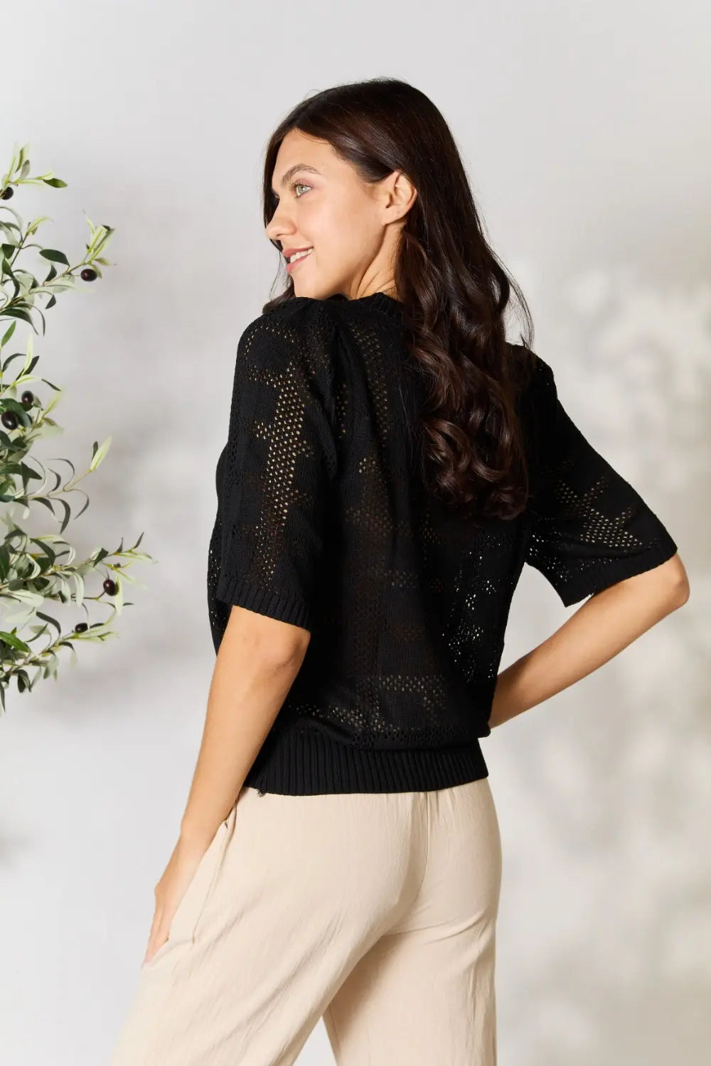 Ribbed Trim Round Neck Knit Top for Women