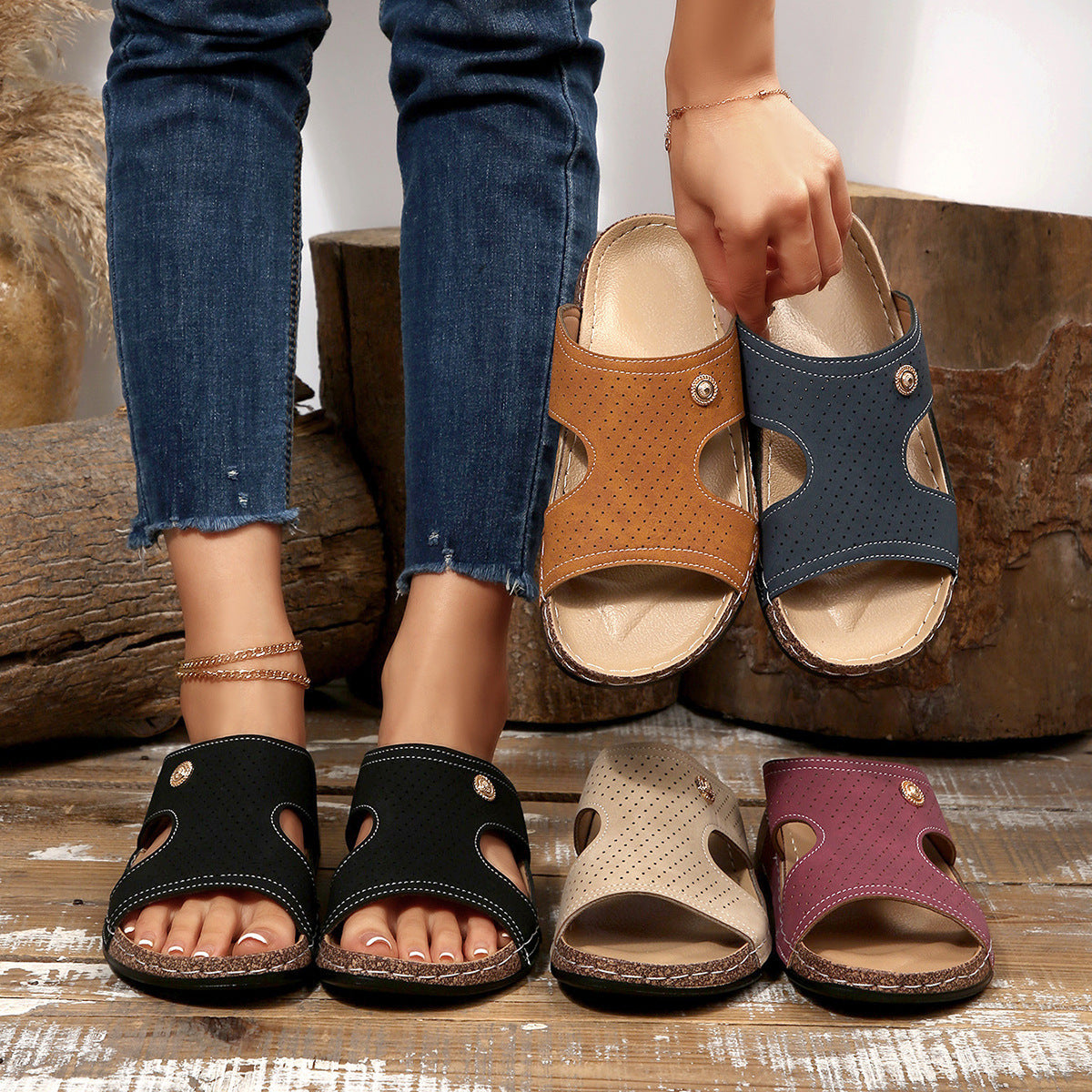 Open Toe Wedge Sandals in Burgundy in Black for Women